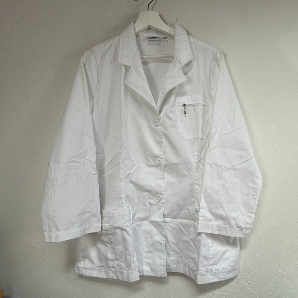 Landau Made Better Womens White Lab Coat Blazer Medium Button Front Pockets